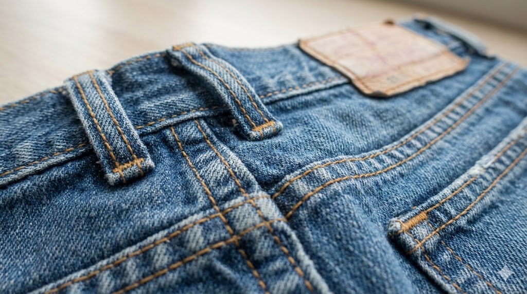 生地が重なり合って厚みのあるジーンズのウエスト部分とベルトループの拡大写真