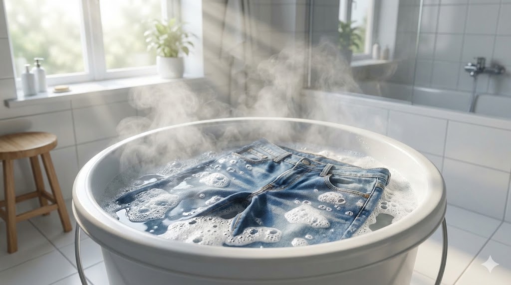 バケツにお湯と洗剤を入れてズボンをつけ置き洗いし、湯気が立っている様子