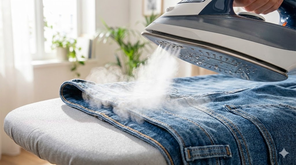 ジーンズのウエスト部分にスチームアイロンを押し当てて高温殺菌している様子