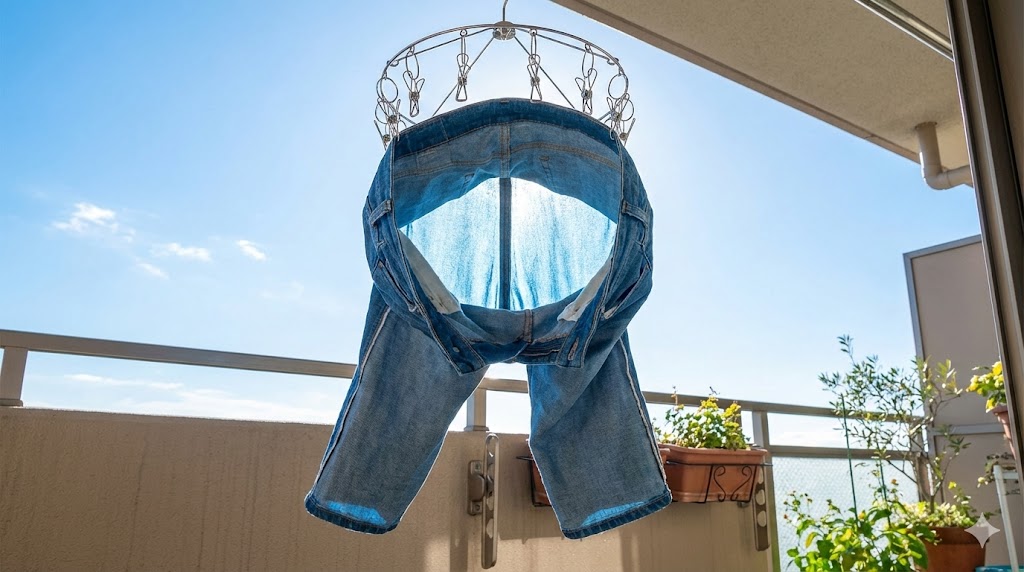 風通しを良くするために裏返しにして筒状に干されたジーンズと青空