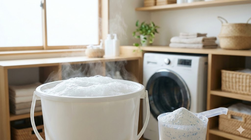 オキシ漬けの準備：40〜60度のお湯が入ったバケツと酸素系漂白剤