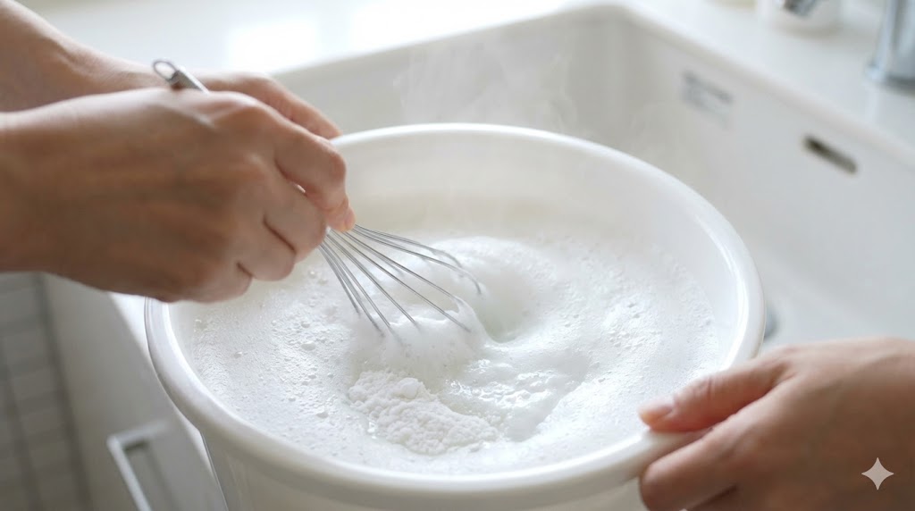 バケツのお湯でオキシクリーンを泡立て器を使ってしっかり溶かす様子