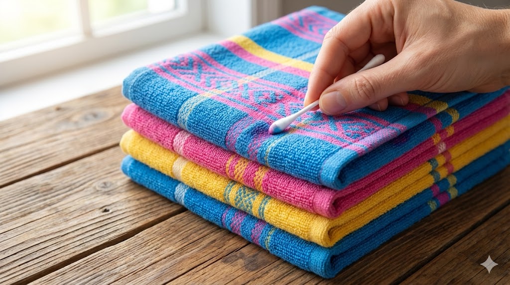 色柄物タオルの色落ちテスト：綿棒を使って目立たない部分を確認する手順