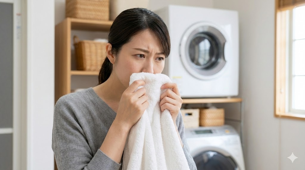洗濯後もタオルの生乾き臭が取れずに困っている女性