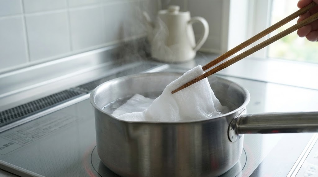 タオルの煮沸洗い：ステンレス鍋でタオルを煮て殺菌している様子