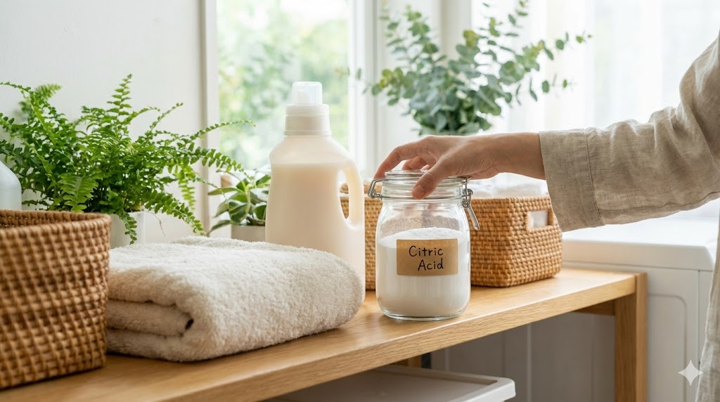 柔軟剤の使いすぎを控え、クエン酸などを使用する洗濯のイメージ