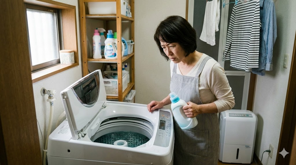 洗濯機の中の透明な水を見て、効果があるのか疑問に感じている日本人女性