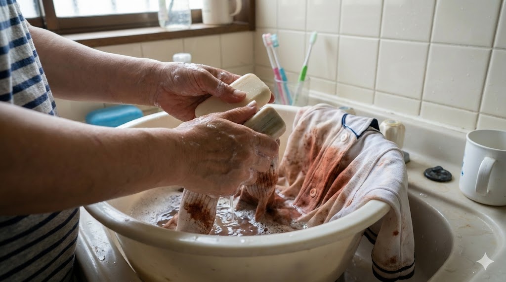 泥だらけの靴下やユニフォームを固形石鹸で予洗いしている様子