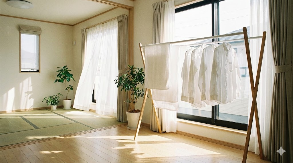 日当たりの良いリビングで臭いなく清潔に部屋干しされている洗濯物