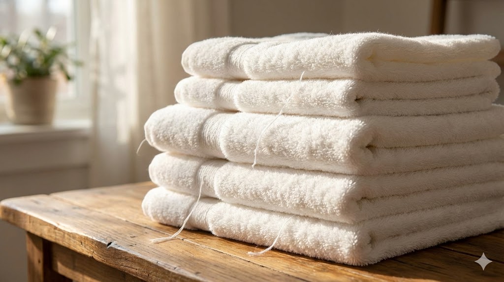 ふんわりと柔らかそうに仕上がった真っ白なバスタオルの山