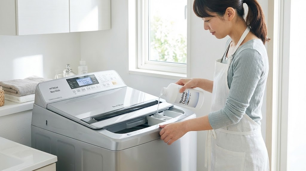 日立ビートウォッシュで純正クリーナーを使って槽洗浄コースを設定する様子