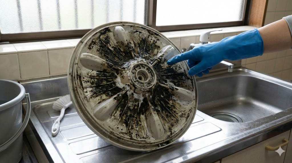 洗濯機のパルセーター裏側にびっしりと付着したカビと汚れ