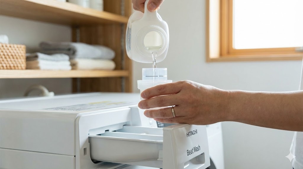 ビートウォッシュの洗剤投入口に適量の液体洗剤を計量して入れる様子