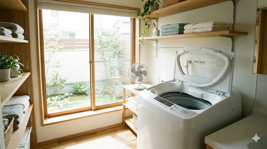 洗濯終了後に蓋を開けて乾燥させている清潔なビートウォッシュと明るいランドリールーム