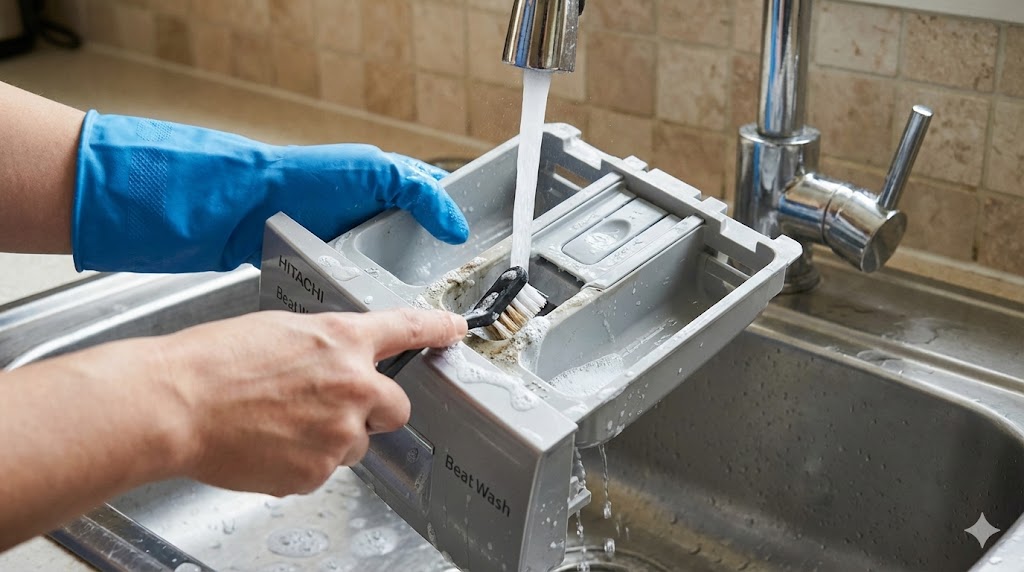 取り外したビートウォッシュの洗剤・柔軟剤投入ケースを水洗いして掃除する様子