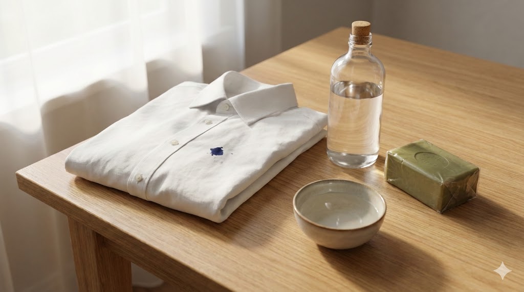 ボールペンのインク汚れが付いた白いシャツと、洗濯に使うアルコールや固形石鹸などの掃除道具一式