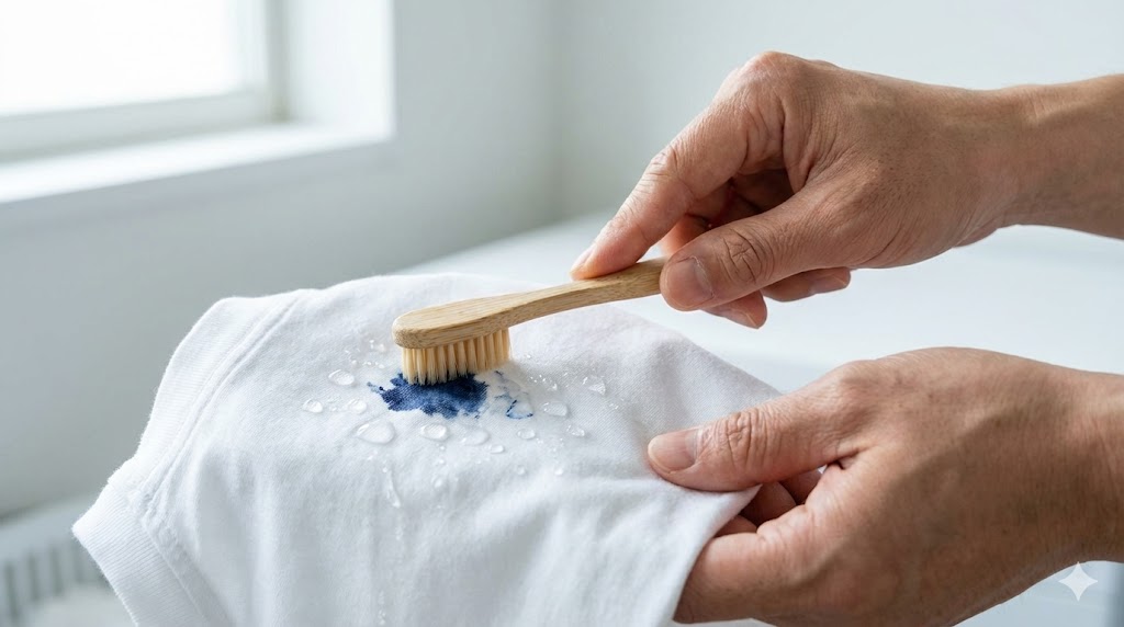 歯ブラシと中性洗剤を使って、服に付いたゲルインクの汚れを優しく叩いて落とす様子