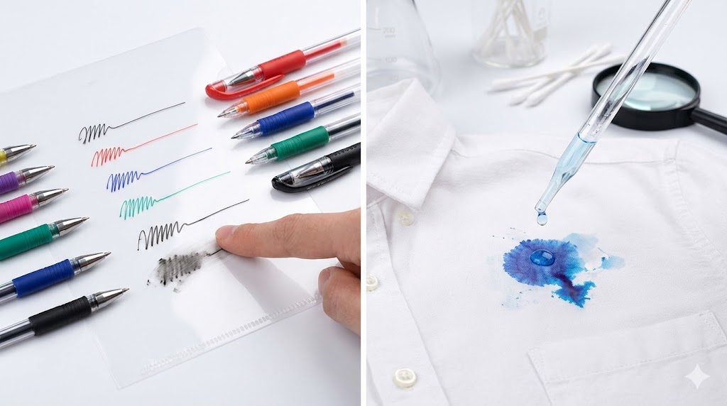 ボールペンが油性か水性かを見分けるための、プラスチック板への試し書きと水滴テストの比較画像