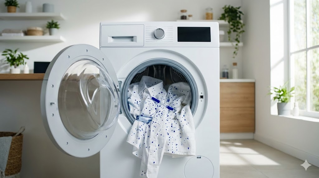 洗濯機の中でボールペンのインクが漏れて、他の衣類に青い染みが広がってしまった様子