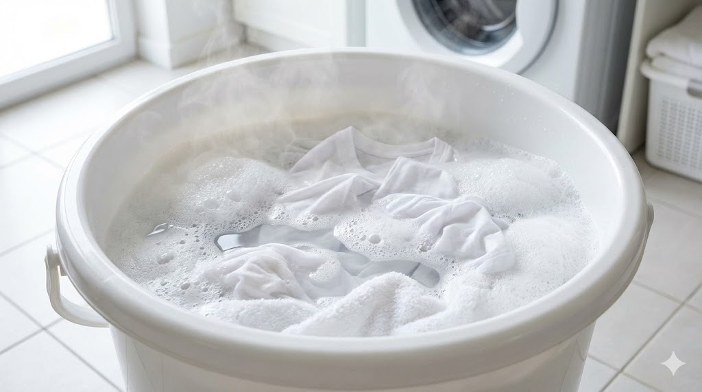 バケツに溜めたぬるま湯と酸素系漂白剤の泡の中に、インク汚れの付いた服を浸け置きしている様子