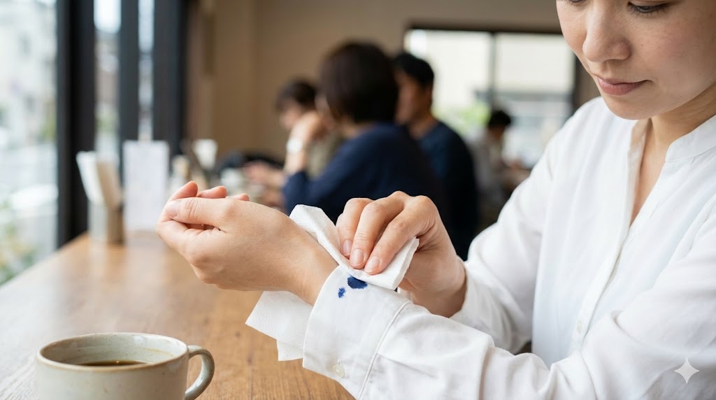 外出先で服にインクが付いた際、ティッシュを使って汚れを移し取る正しい応急処置のやり方