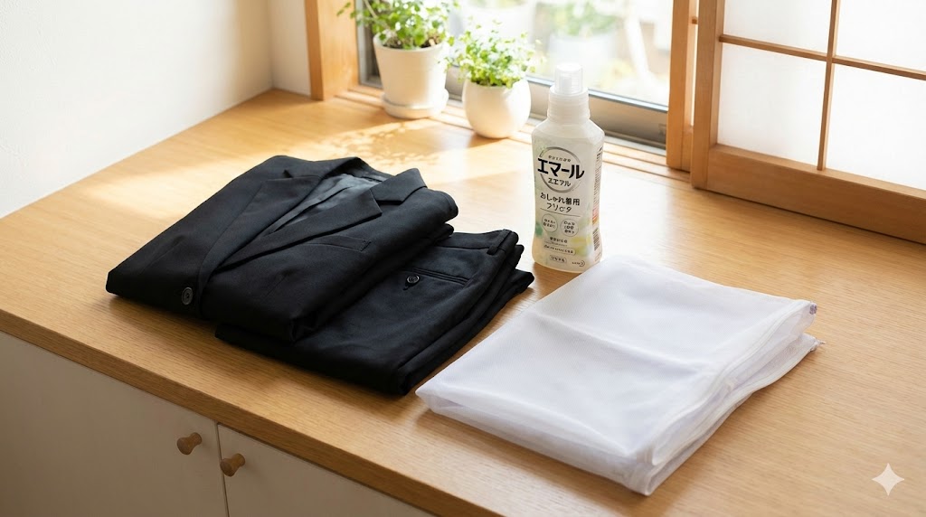 自宅での洗濯準備が整ったポリエステル製礼服、おしゃれ着用洗剤、洗濯ネット