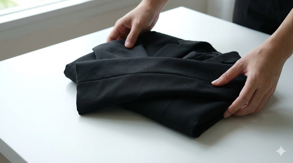 型崩れを防ぐために礼服のジャケットの袖を交差させて丁寧に畳んでいる様子