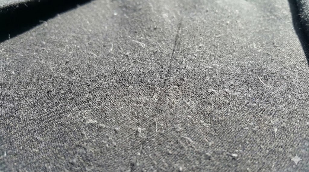 他の衣類と一緒に洗ってしまい、白い糸くずが付着してくすんだ黒の礼服生地の拡大写真