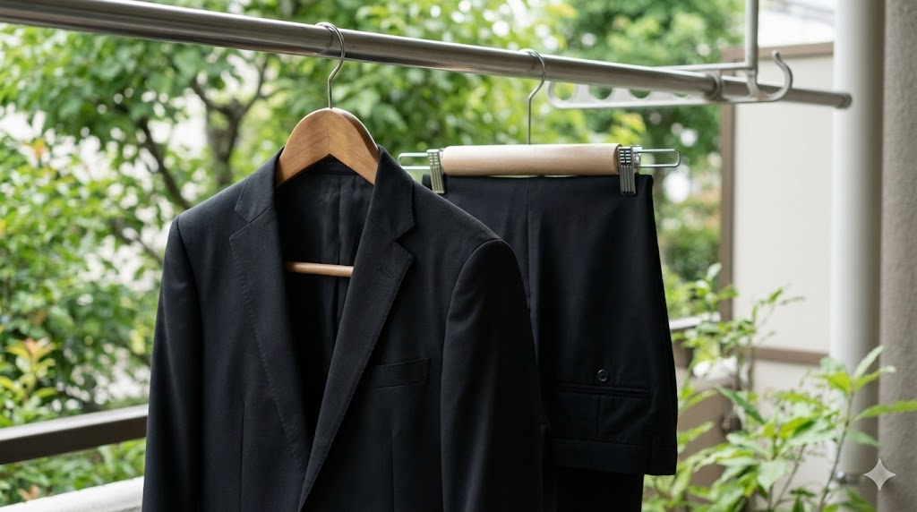 風通しの良い日陰で、厚手のハンガーにかけて型崩れを防ぎながら干されている礼服