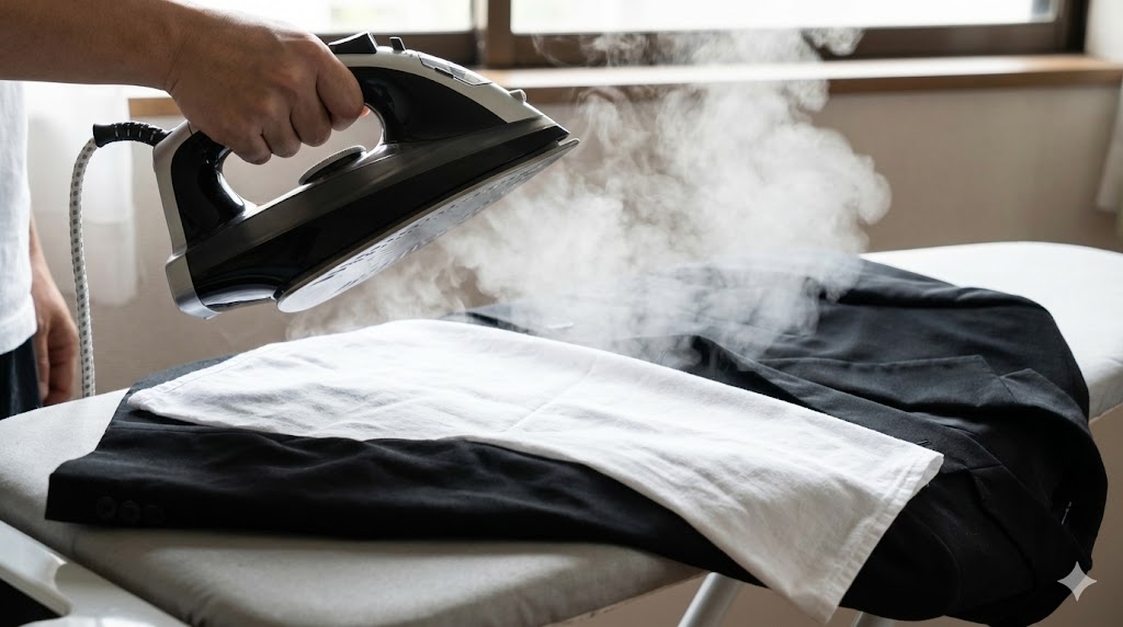 当て布の上からスチームアイロンを浮かしてかけて、礼服のシワを伸ばしている様子