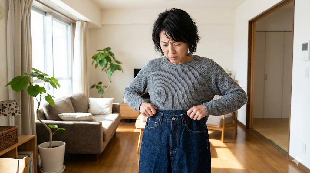 洗濯後のリジッドデニムのウエストサイズを確認して不安そうな表情の日本人女性