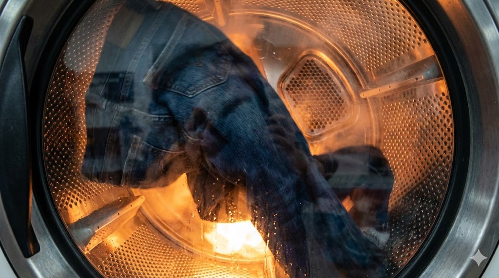 コインランドリーの乾燥機の中で回転するリジッドデニムと高熱のイメージ