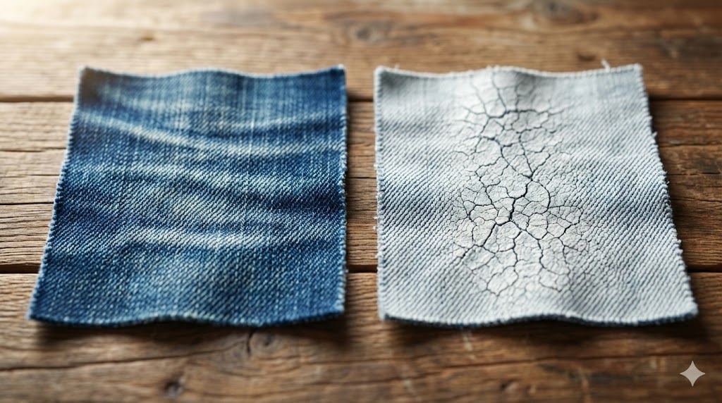 デニム生地の比較画像：適切な色落ちをしたインディゴブルーと洗剤で白っぽく変色した生地