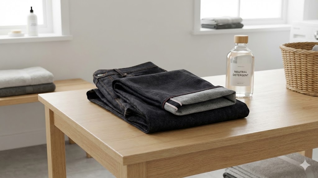 洗濯のために裏返しにされ、セルビッジが見えているリジッドデニムと中性洗剤