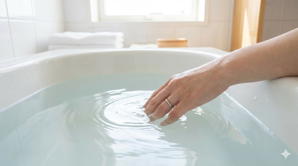 洗濯桶に張った常温の水の温度を手で確認している様子