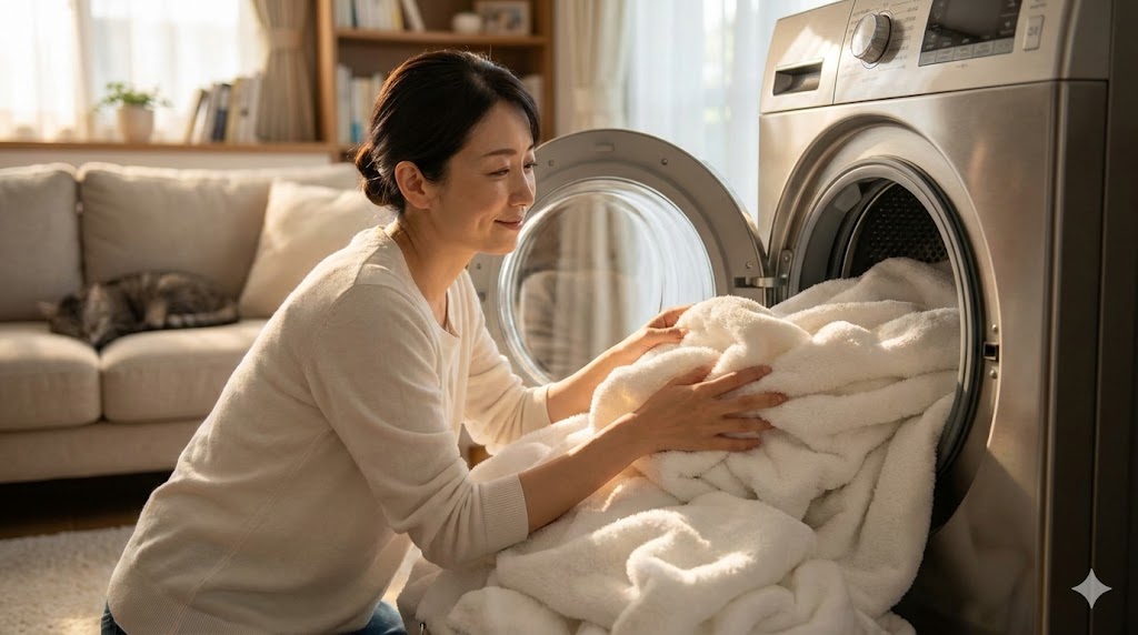 ドラム式洗濯機の乾燥機能で乾かしたふわふわの白いタオルを取り出す女性