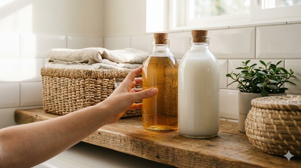 ランドリールームの棚に並べられた洗濯洗剤と柔軟剤のボトル