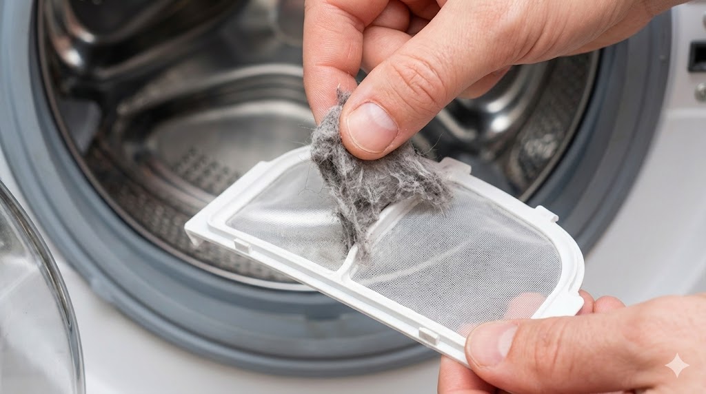 洗濯機の糸くずフィルターに溜まったゴミを取り除いて掃除している手元