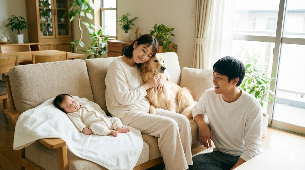 清潔な衣類でソファに座りペットを抱きしめる母親と近くで眠る赤ちゃん