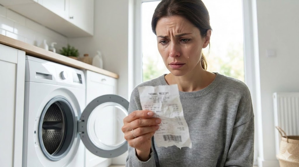 洗濯機の前で濡れてボロボロになったレシートを持ち、ショックを受けている日本人女性
