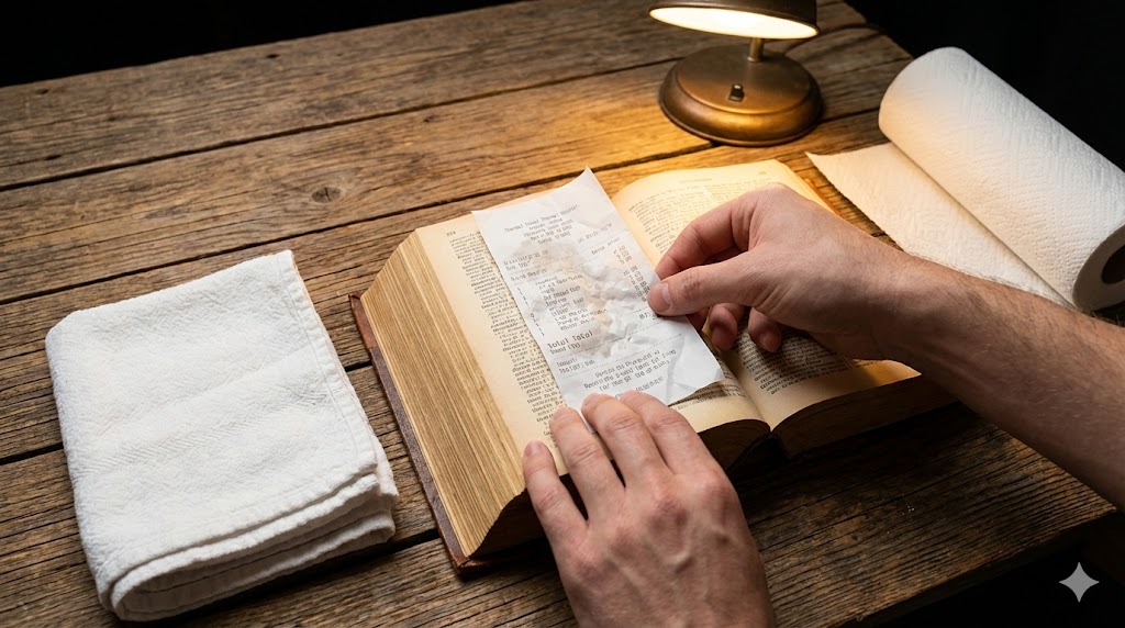 濡れたレシートを乾かすために、キッチンペーパーに挟んで分厚い本でプレスしている様子