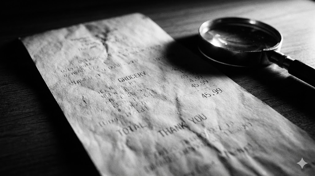 文字が消えたレシートに横からライトを当てて、印字の凹凸を浮かび上がらせている様子