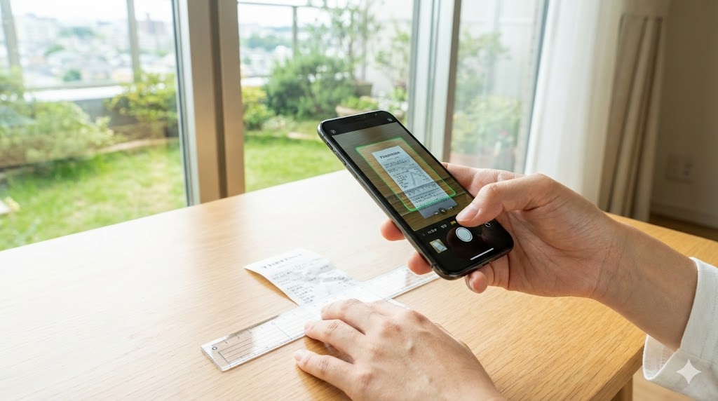 自然光の入る窓際で、シワになったレシートをスマートフォンのスキャンアプリで撮影している様子