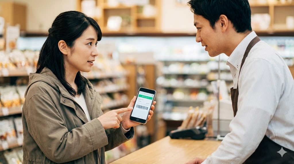店舗のレジカウンターで、店員にスマートフォンの会員証を見せながらレシート再発行の相談をしている様子