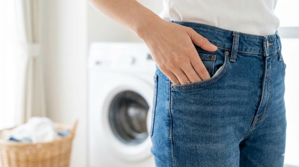 洗濯機に入れる前に、ジーンズのポケットの中身を確認している手元のアップ