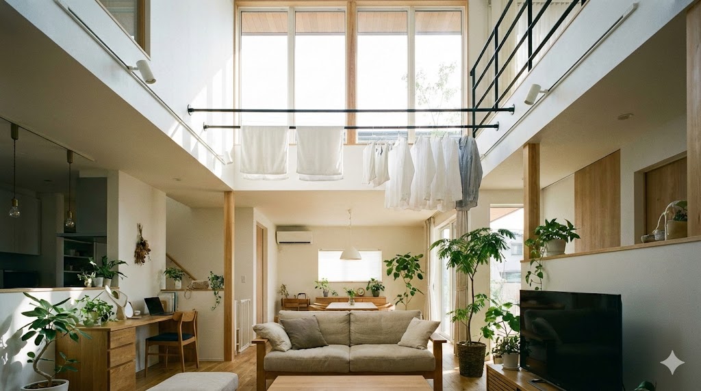 吹き抜けのリビングにDIYで設置された、おしゃれな黒いアイアンバーの洗濯物干し実例