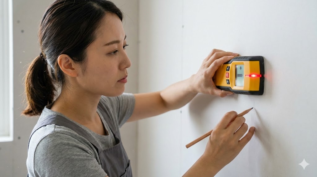 DIYでの洗濯物干し設置前に行う、下地センサーを使った壁裏の間柱探し作業の様子