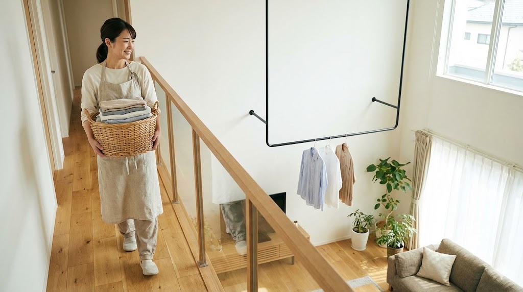 洗濯カゴを持って2階の吹き抜け廊下を歩く女性。スムーズな家事動線のイメージ