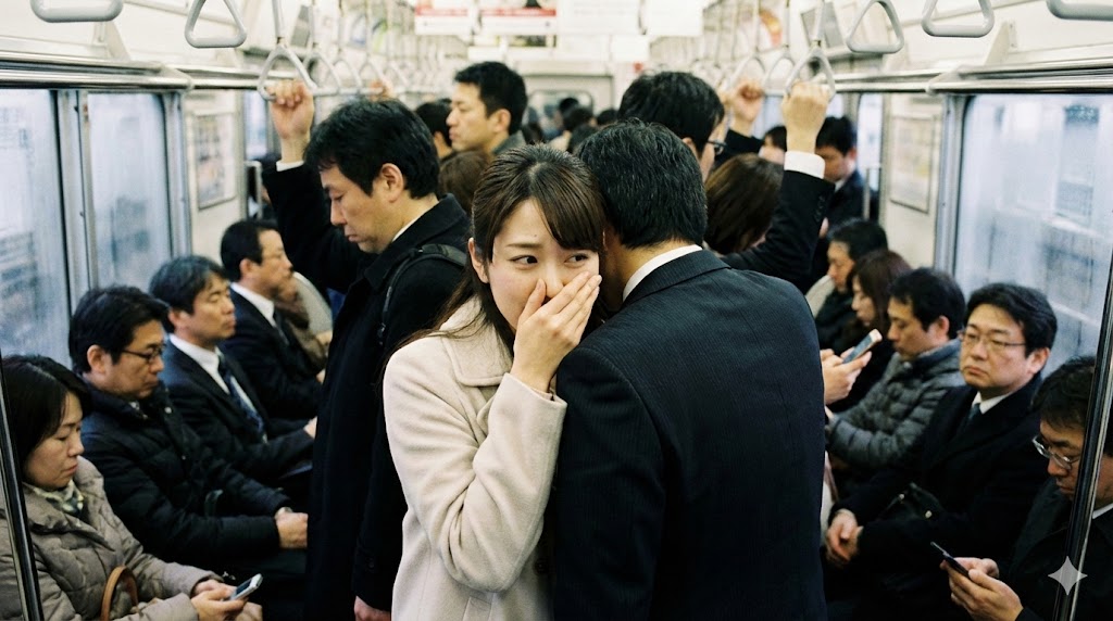 満員電車で周囲の匂いを気にして鼻を覆う日本人女性の様子