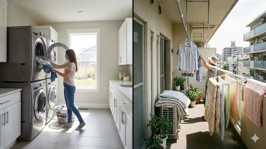 海外の乾燥機を使う洗濯風景と日本の天日干し風景の比較